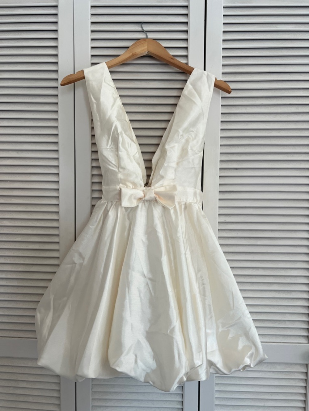 Ivory Deep V Bubble Hem Party Dress with Bow